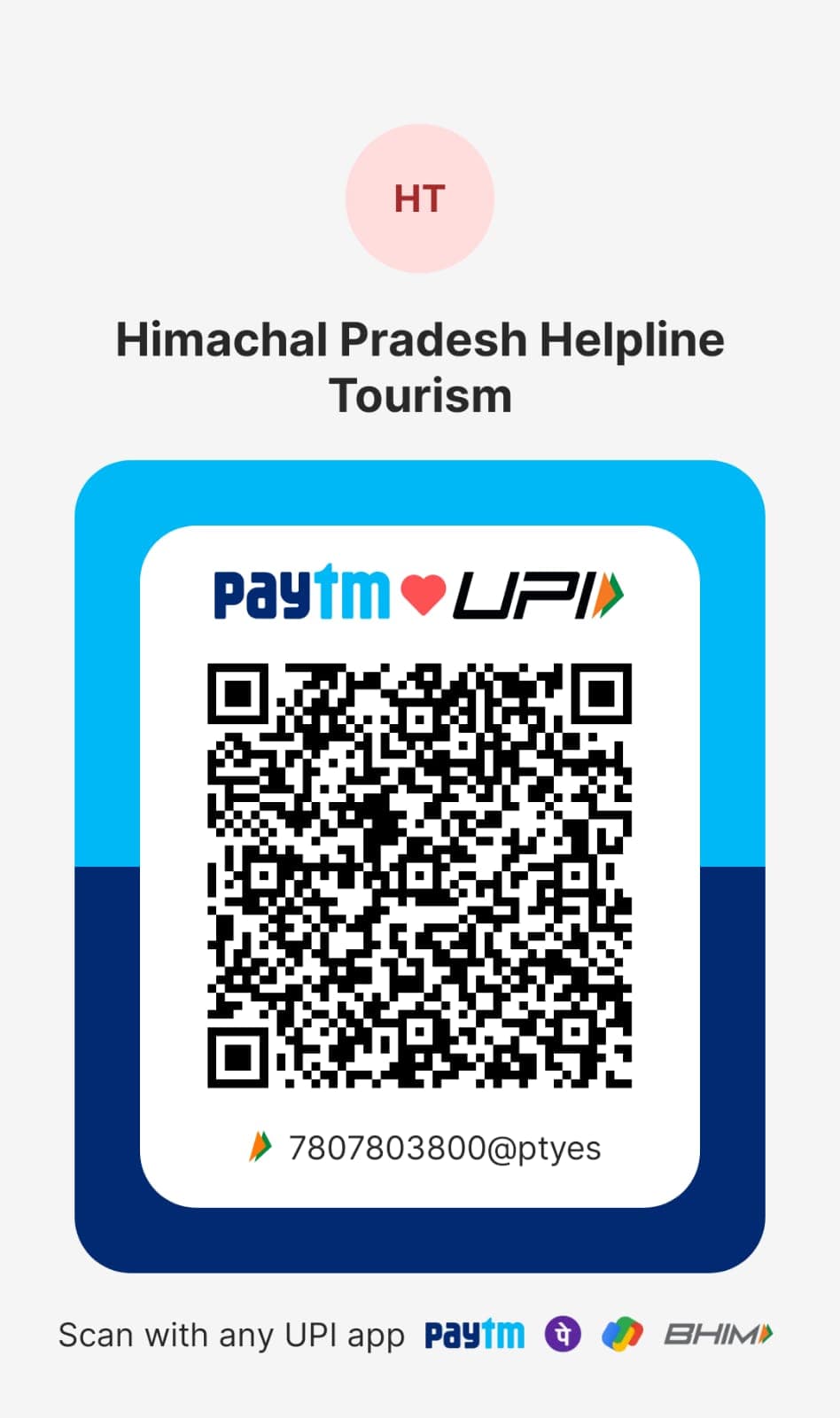 Paytm UPI QR code for Himachal Pradesh Helpline Tourism, UPI ID 7807803800@ptyes